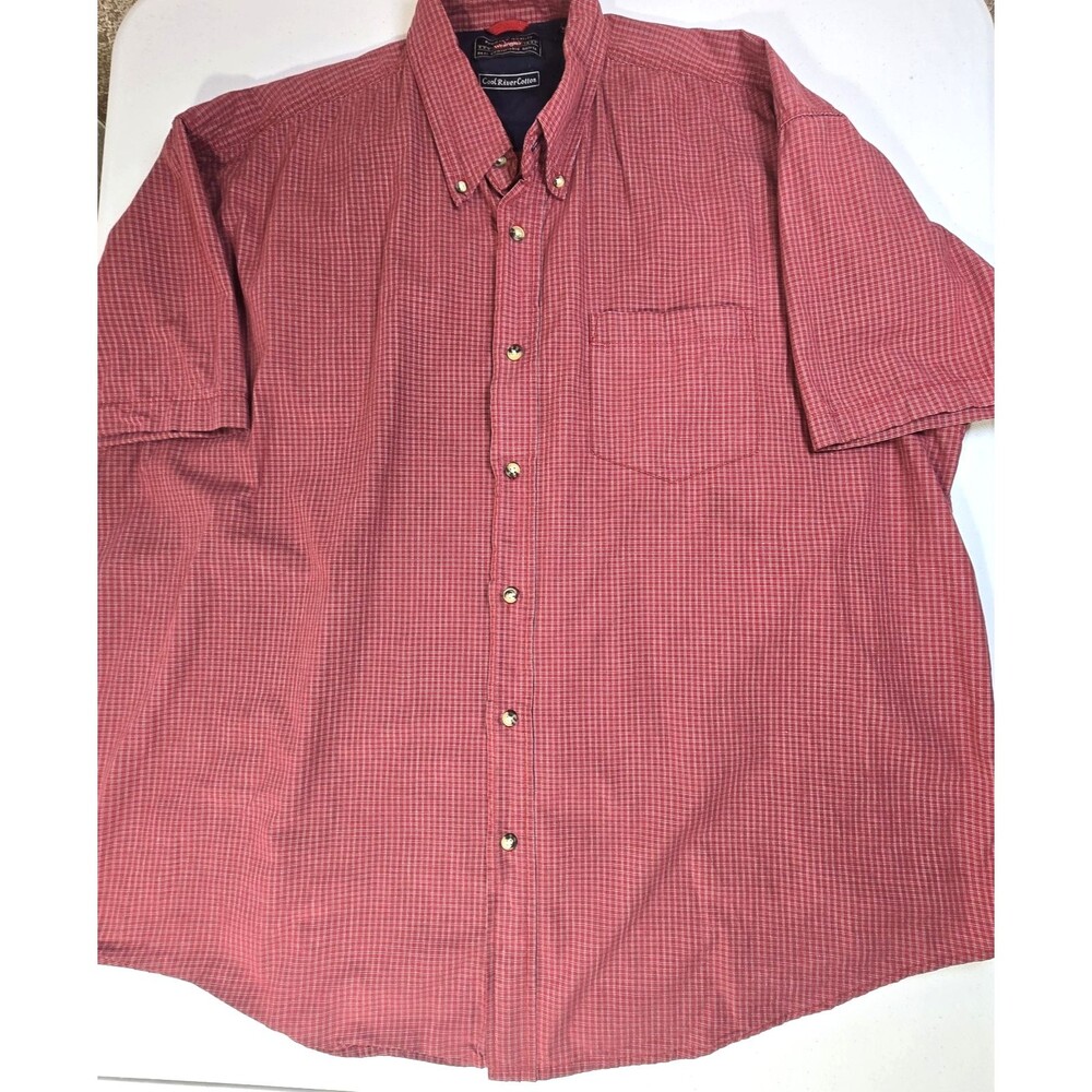 Wrangler Mens 2XL  Maroon Check Cool River Cotton Short Sleeve Button Down Shirt